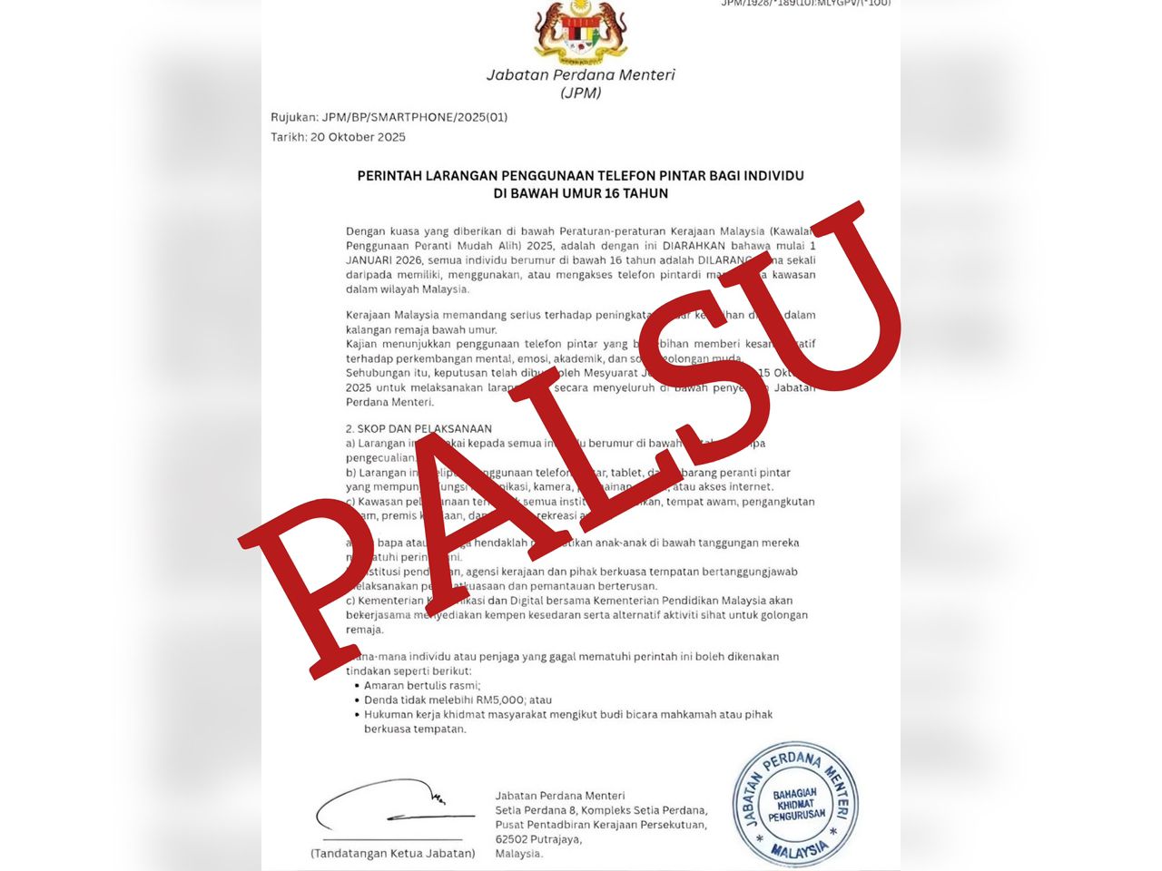 Dokumen perintah larangan guna telefon pintar bawah 16 tahun palsu