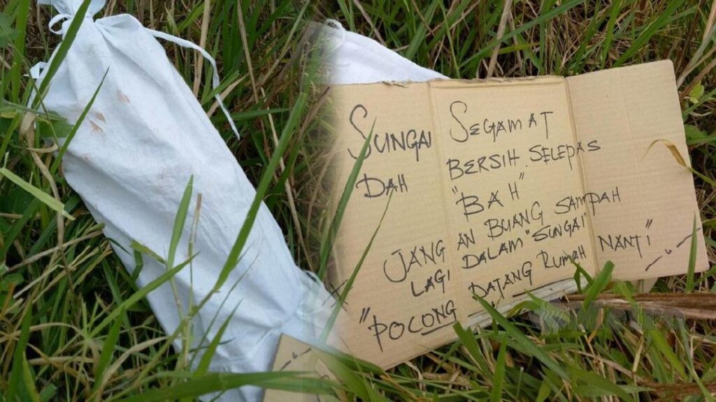 Kertas peringatan, ‘pocong’ ditemui di tepi Sungai Segamat Kertas peringatan, ‘pocong’ ditemui di tepi Sungai Segamat