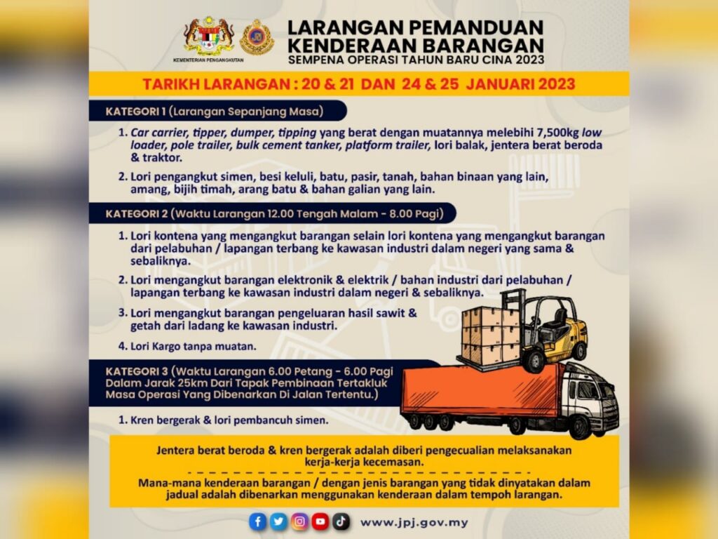 Larangan pemanduan kenderaan berat sempena Tahun Baharu Cina - Kosmo