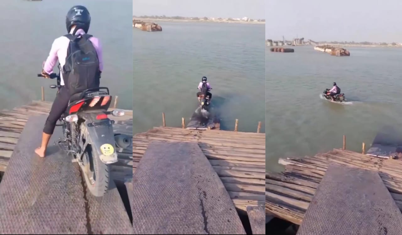 Penunggang motosikal lintasi jambatan tenggelam