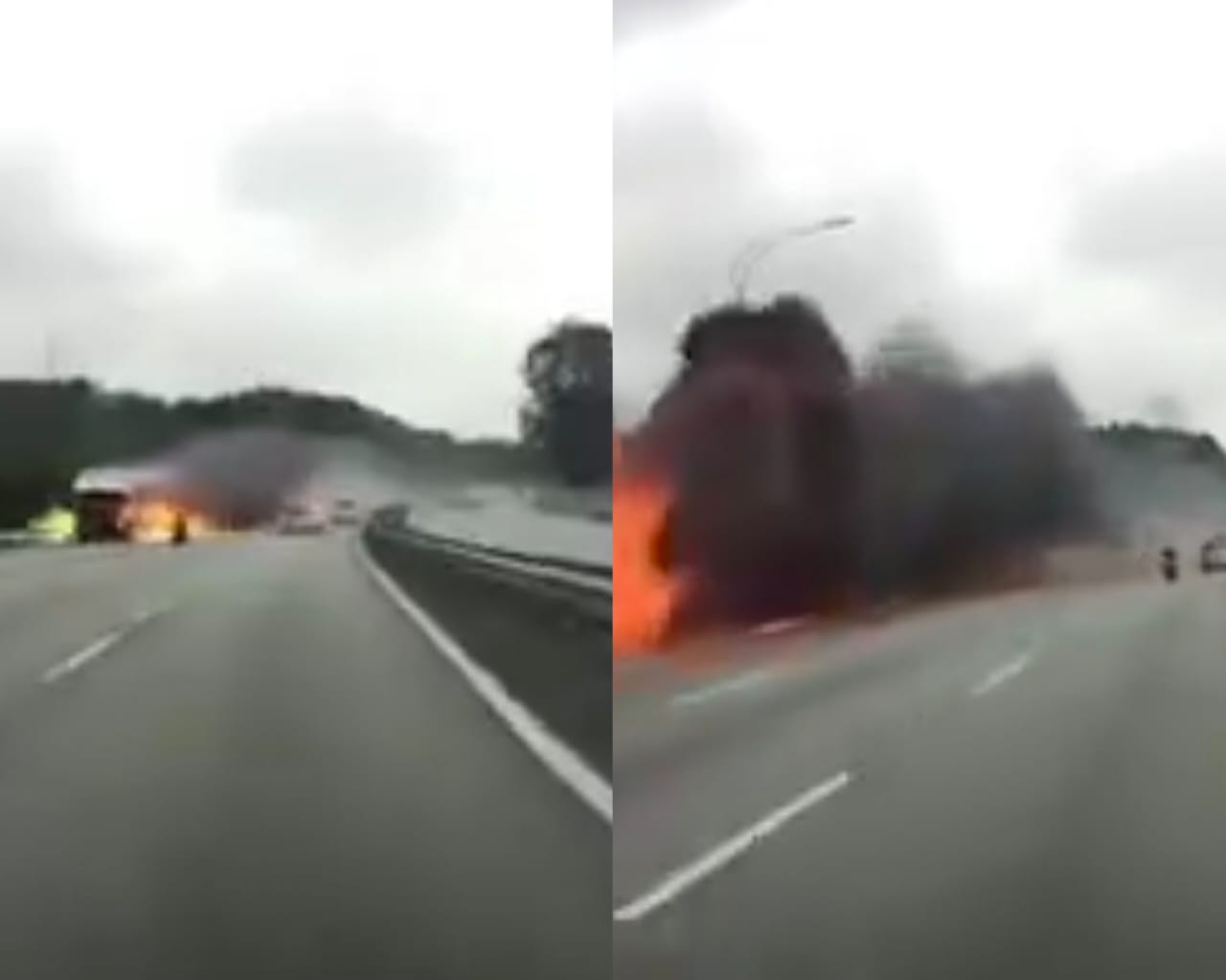 Tangkap layar rakaman video seorang penunggang motosikal mengelak sebuah lori sedang terbakar tular di media sosial