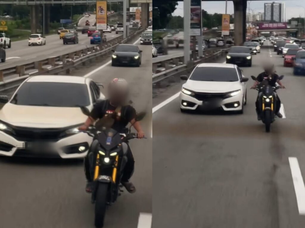 Tangkap layar kejadian kereta jenis Honda Civic dan sebuah motosikal dipercayai mengekori sebuah ambulans di Kilometer 15 Lebuh Raya Persekutuan menghala ke Klang.