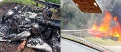 Kereta Ferrari terbakar selepas terbabas