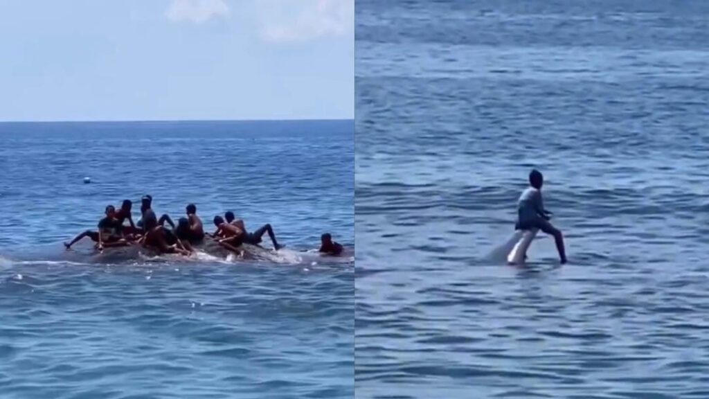 Kanak-kanak tunggang paus tengah laut