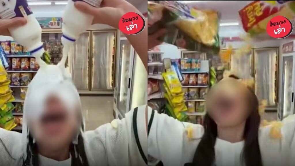 Wanita tuang susu, snek pada badan dalam kedai serbaneka