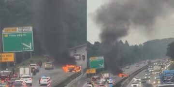 [VIDEO] Kereta terbakar di Lebuh Raya Elite, trafik sesak arah selatan