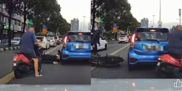 [VIDEO] Sudahlah tukar lorong mengejut, tiada helmet, orang lain jatuh dia ‘blah’