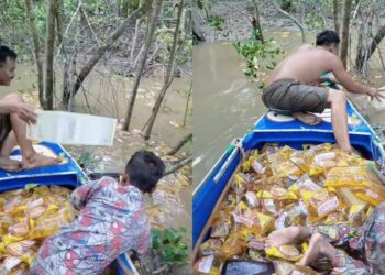 Misteri beratus-ratus minyak masak paket terapung di sungai