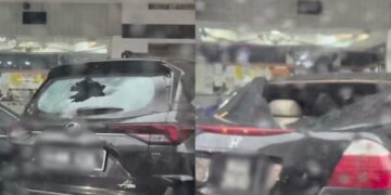 [VIDEO] Tangki air jatuh dari bumbung hotel, hempap dua kereta